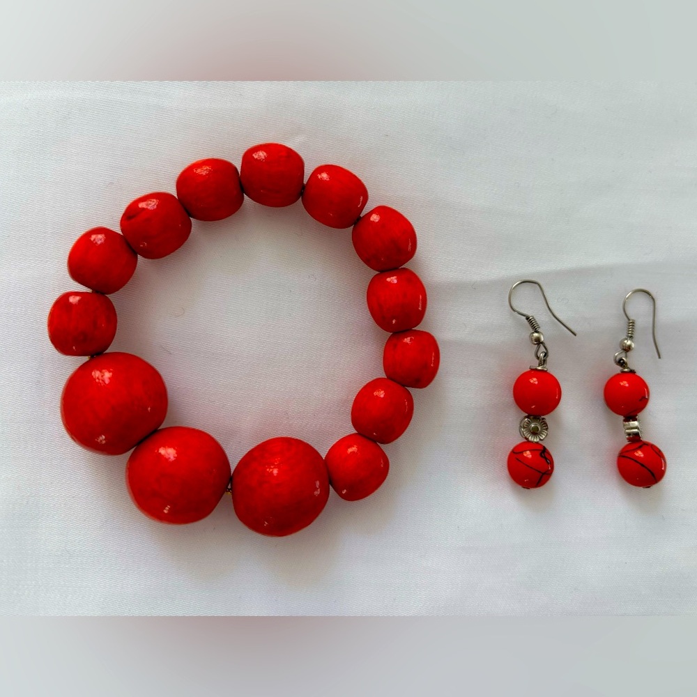 Red Bracelet and Earrings Set